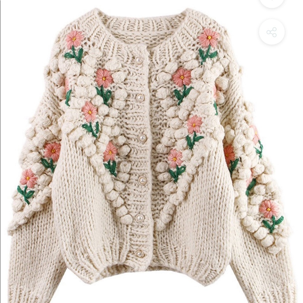LAURA FLORAL EMBROIDERED POM POM CARDIGAN